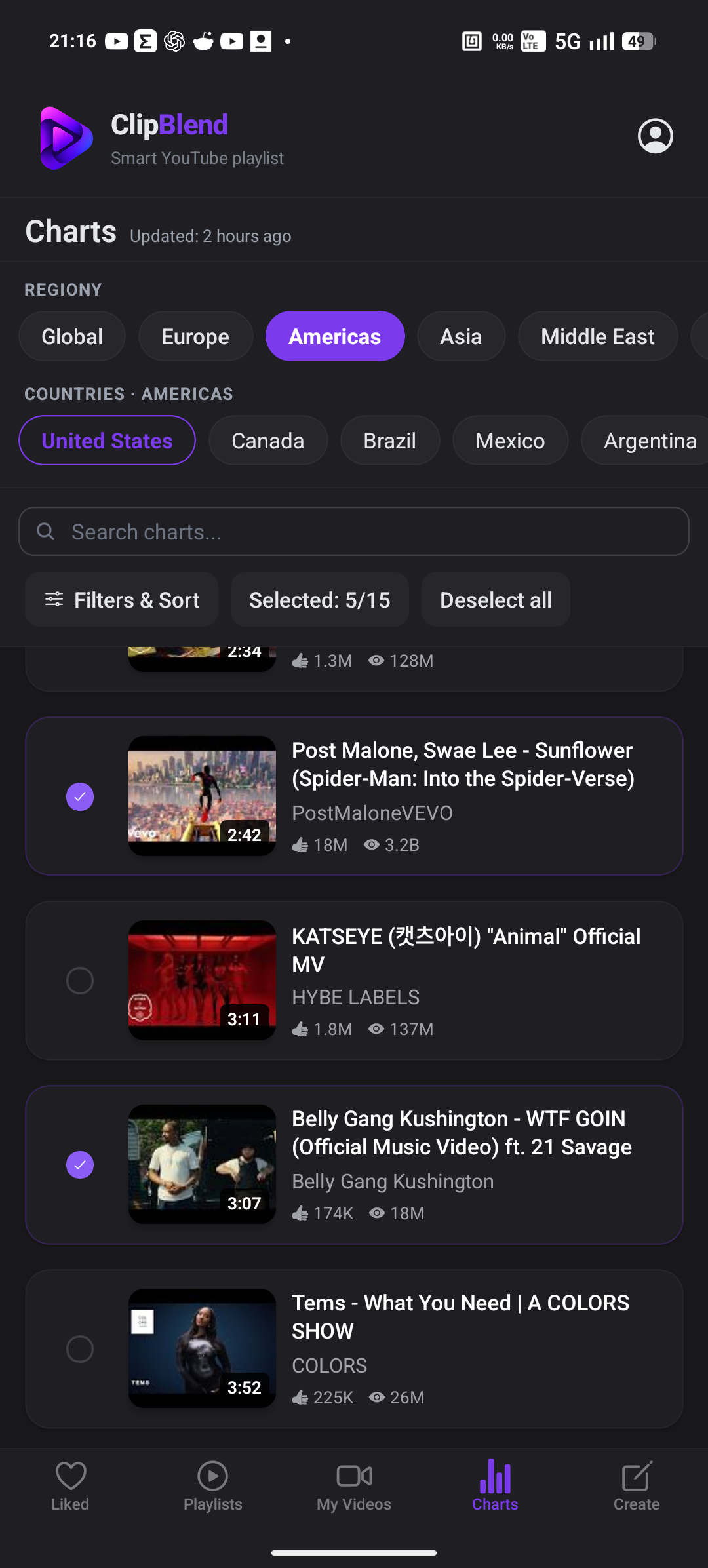 Creating a temporary playlist from selected regional music videos in ClipBlend