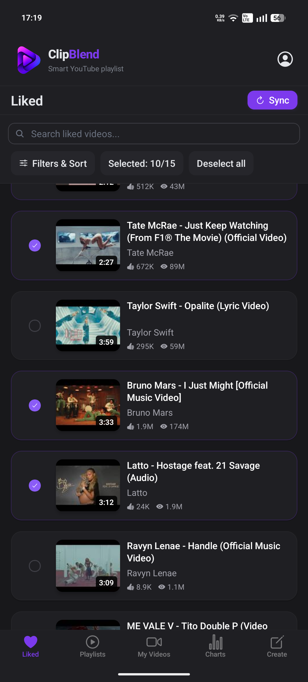 ClipBlend liked videos library with selected YouTube videos