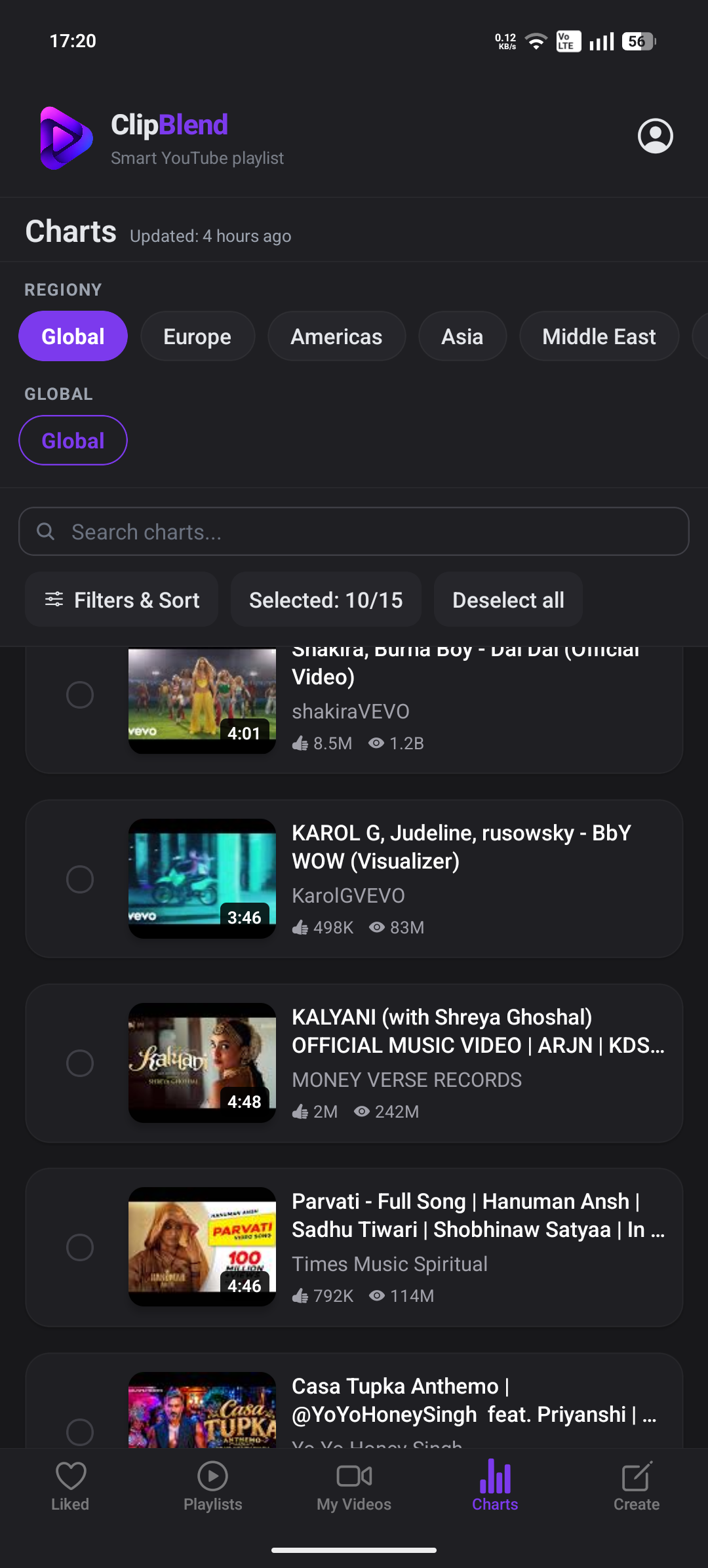 ClipBlend music charts with regional categories and video selections