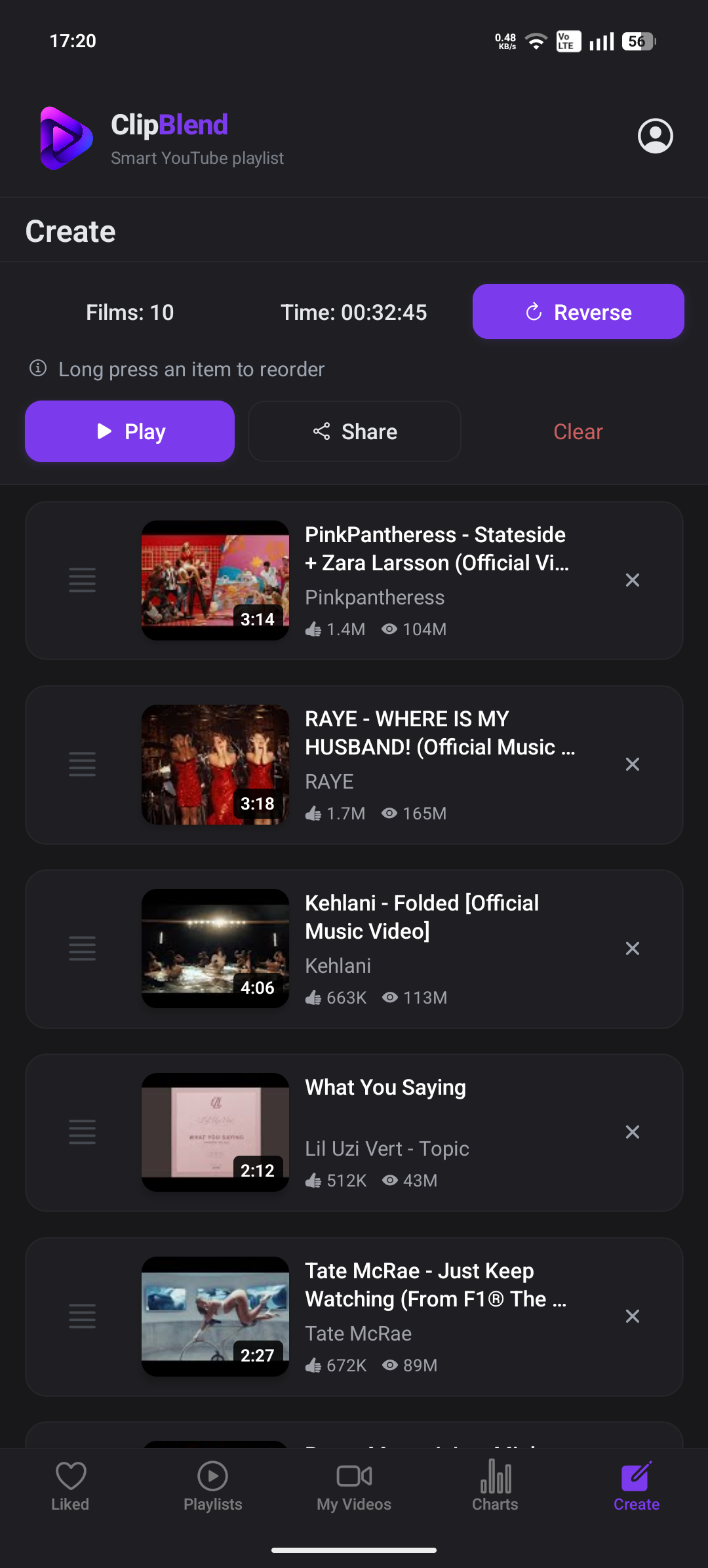 ClipBlend temporary playlist with selected videos and Play button