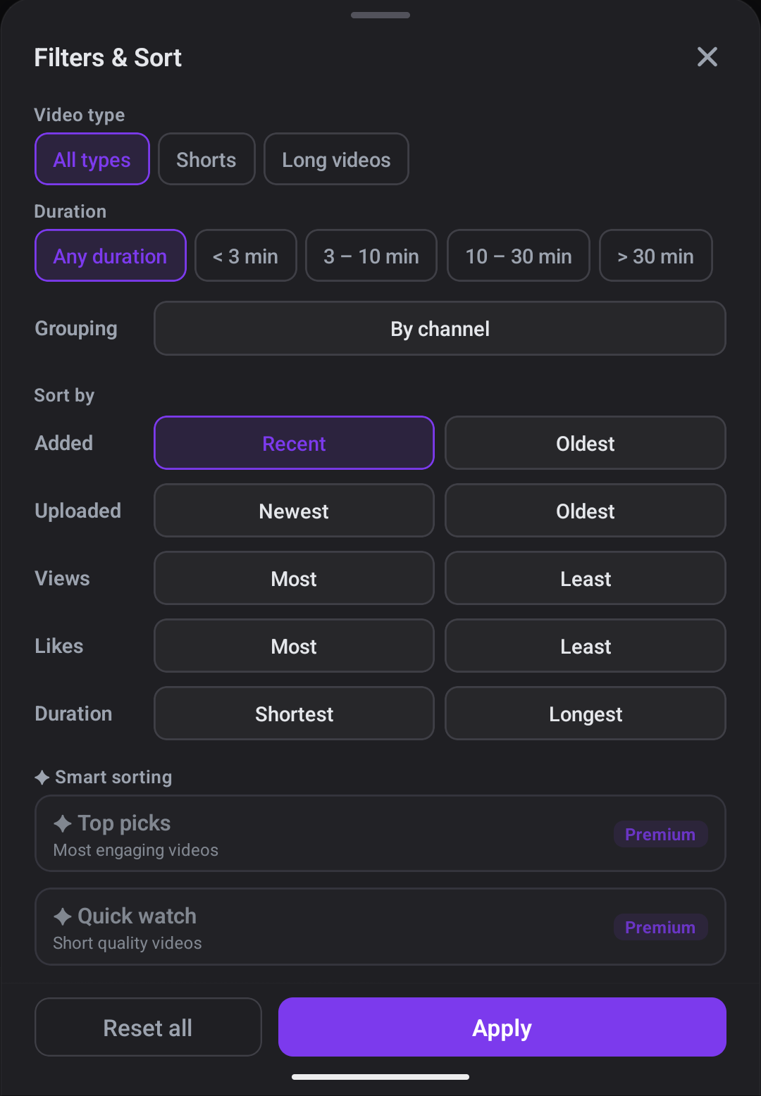 ClipBlend video filters and sorting options for YouTube videos
