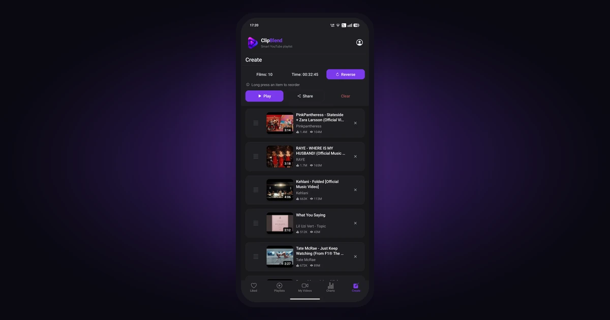 ClipBlend for Android showing video organization for a running music playlist