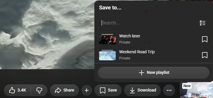 YouTube Save to menu on a computer with the New playlist option
