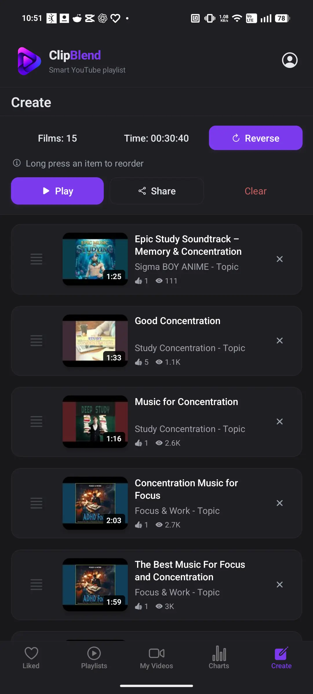 ClipBlend Create tab for selecting YouTube videos and preparing a temporary playlist