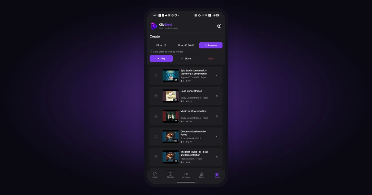ClipBlend for Android showing how to organize YouTube videos into a study music playlist